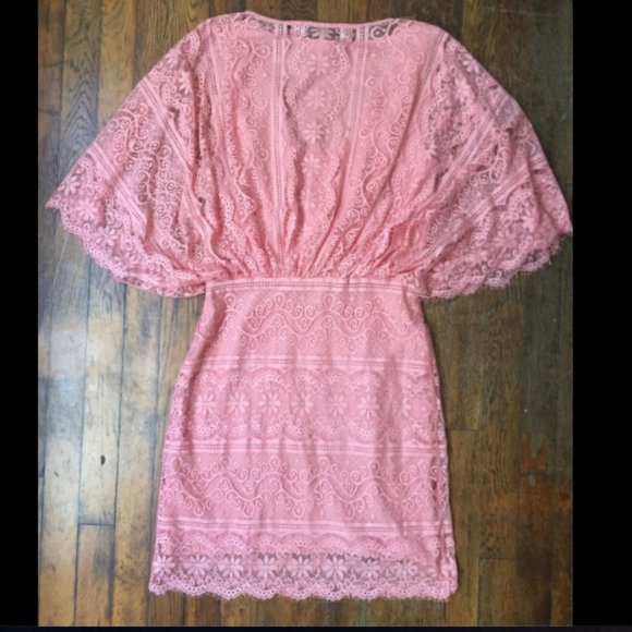 Beyond Vintage Pink Lace Draped V Neck Mini Dress - Picture 5 of 12